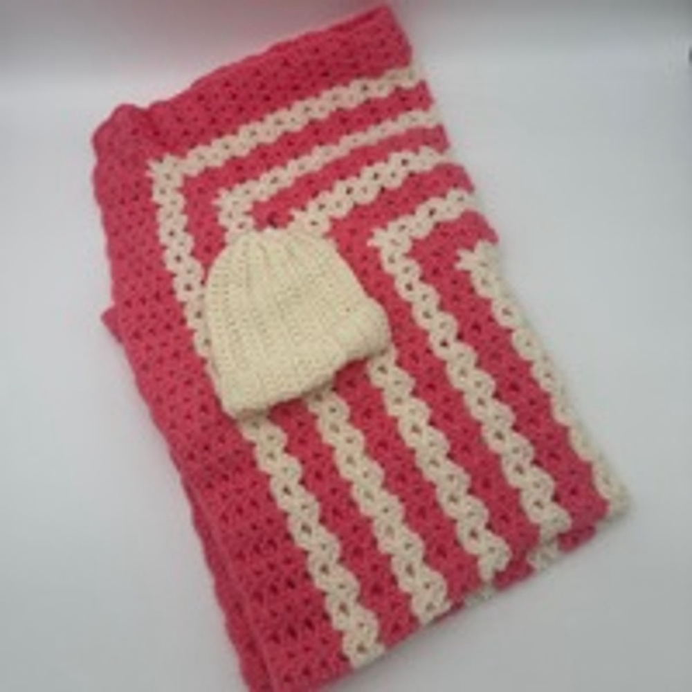 Baby Handmade Blanket & Hat One Pink & Ivory